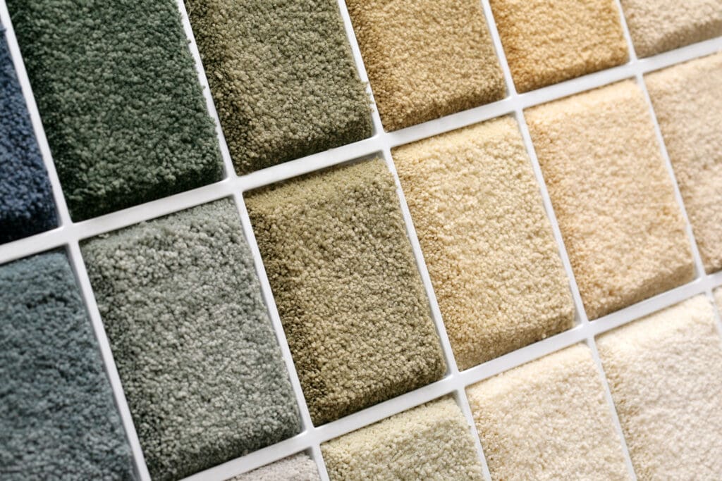 A close-up of a grid display featuring various carpet samples. The swatches are organized by color, ranging from dark greens and grays on the left to lighter yellows and beiges on the right. Each sample has a textured, plush appearance.