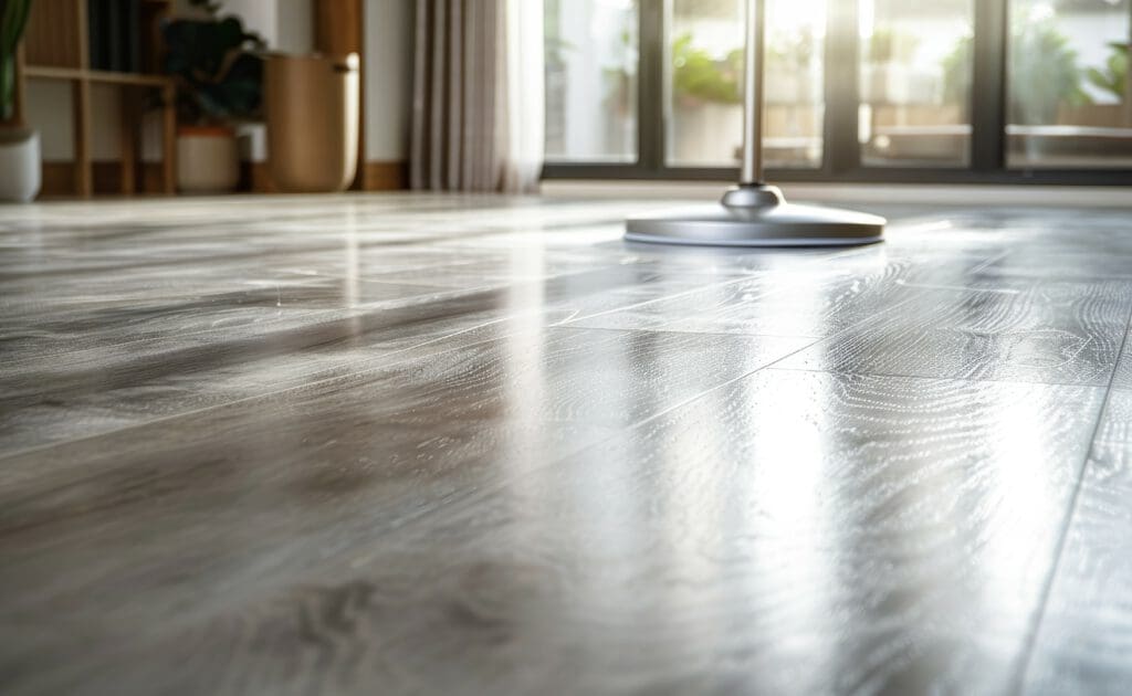 Sunlight streams through large windows onto a polished wooden floor, creating soft reflections. A modern chair and potted plants are partially visible, adding a touch of warmth and greenery to the sleek, minimalist interior.