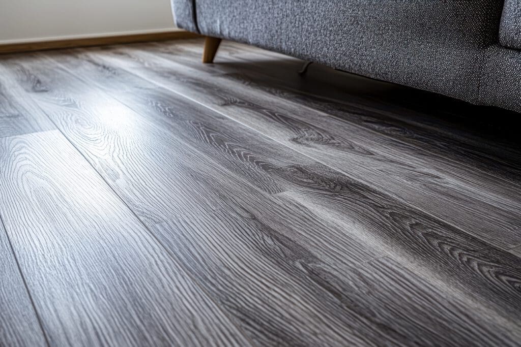 Close-up of a gray wood laminate floor with visible grain patterns next to the leg of a gray sofa. The flooring has a smooth and polished appearance, creating a modern and clean look in the room.